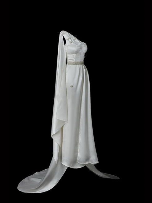 White Satin One Shoulder Gown - Embellished Evening Dress - Satin Formal Dress Long Plus Size